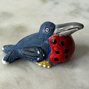 Handmade Clay Bird Figurine HL Marked Toucan Style Red Blue Folk Art Pottery 2"